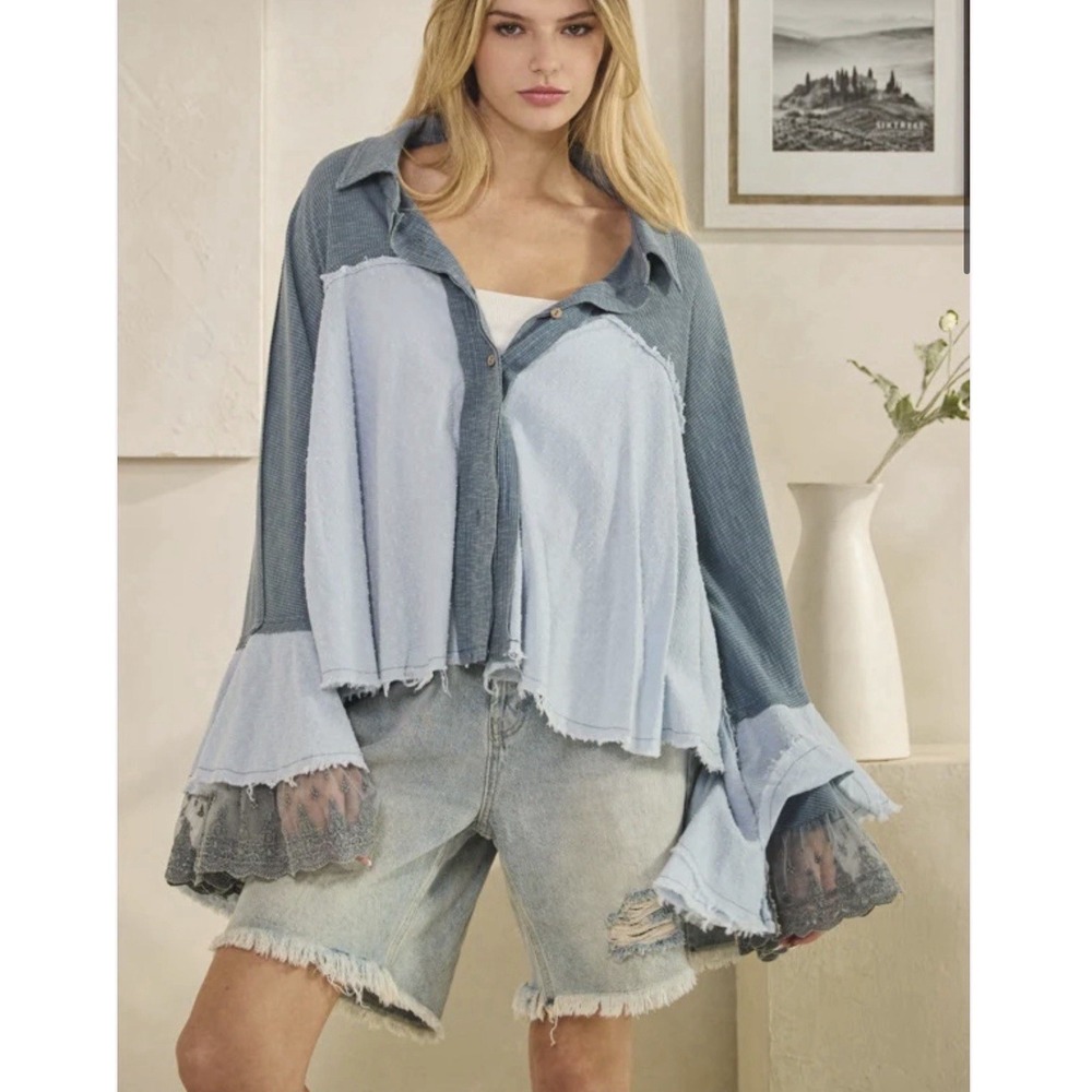 NEW Oli & Hali Washed Lace Ruffle Sleeve Shirt Blue Boho Size M Romantic